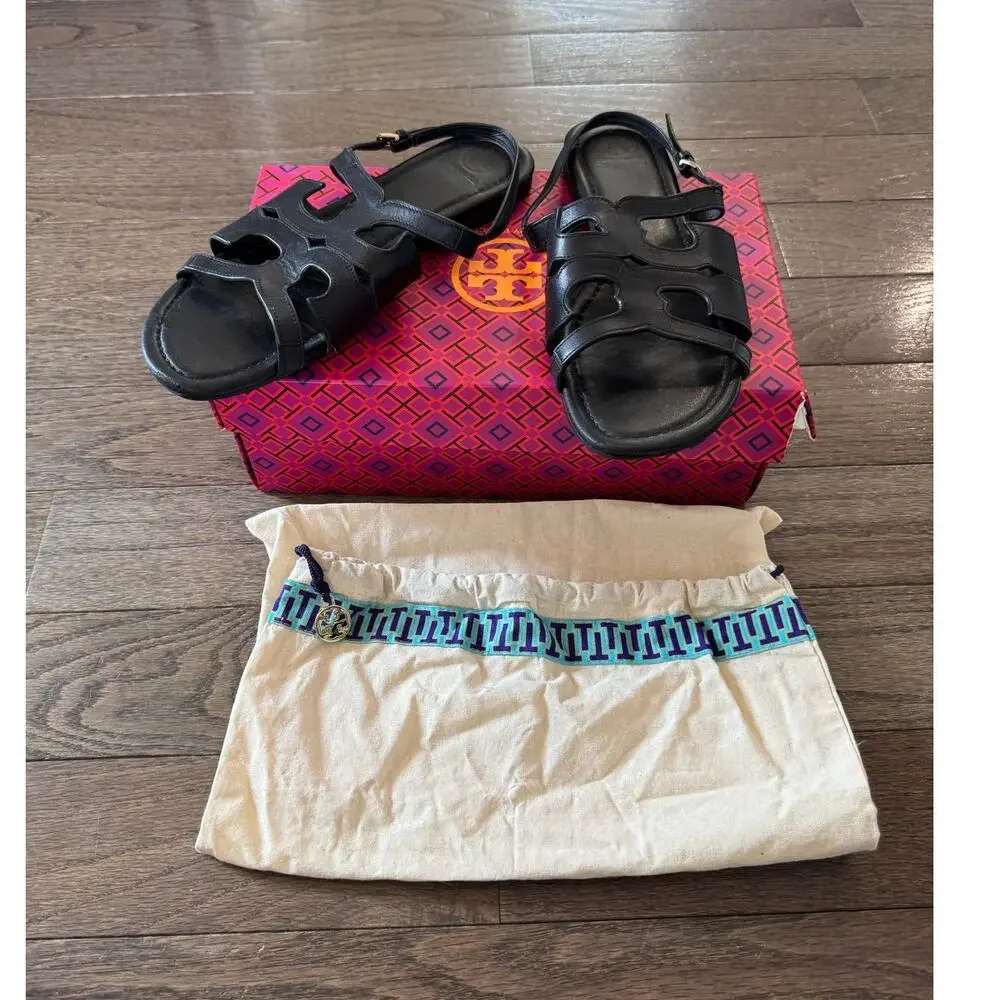 Tory Burch Serif Sandal 9.5 Black Vegan Leather w Box Dust Bag Slingback Sandals